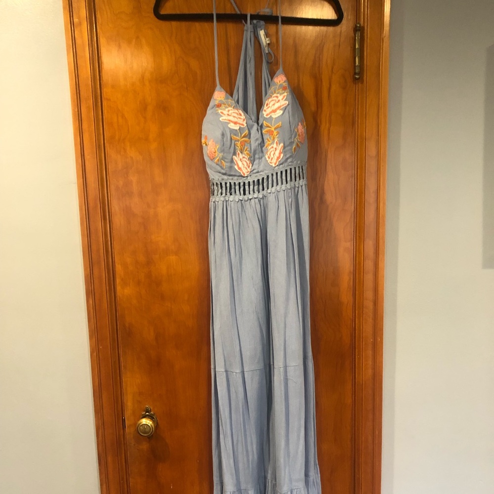 Light blue maxi dress with embroidered bodice